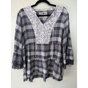CUPIO Swing Flannel Top W/ Cotton Bob Printed Accents Bell Lace Cuff Size L